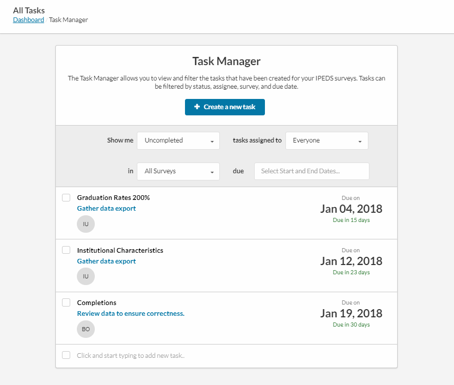 Task manager showing three tasks and their due dates